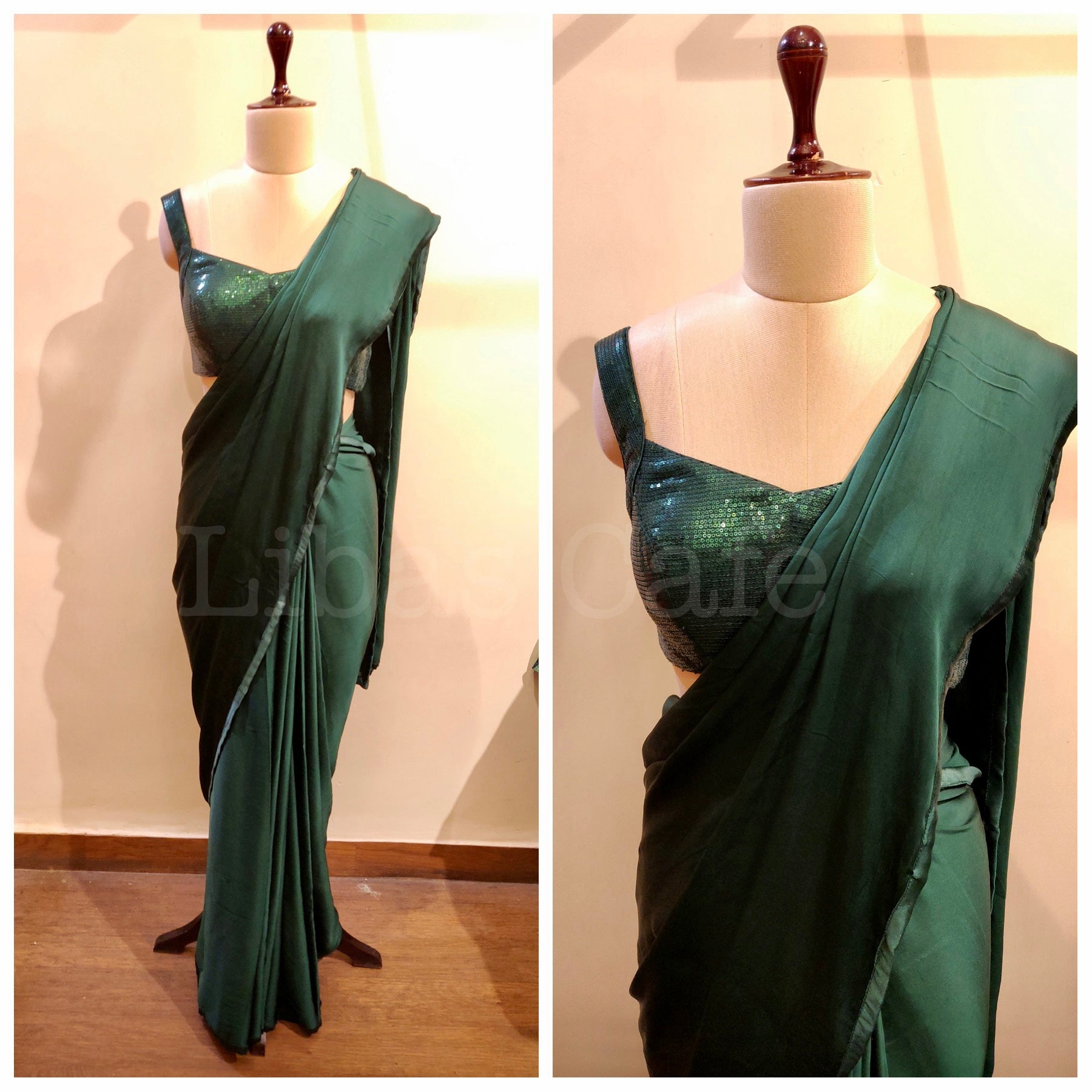 Bottle Green Sequin Satin Saree